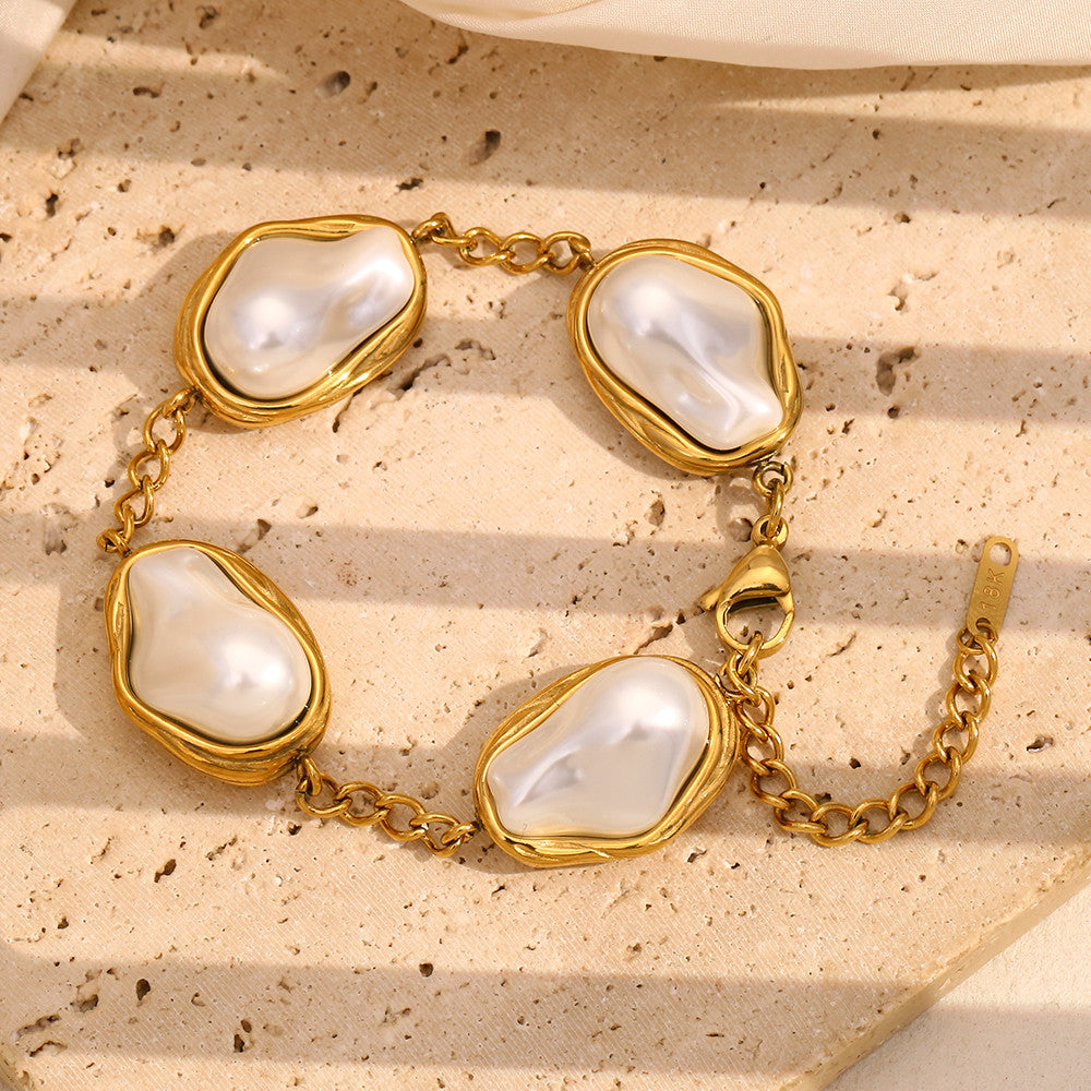 Ladies Baroque Large Size Irregular Pearl 18k Gold Stainless Steel Tarnish Free Bracelets