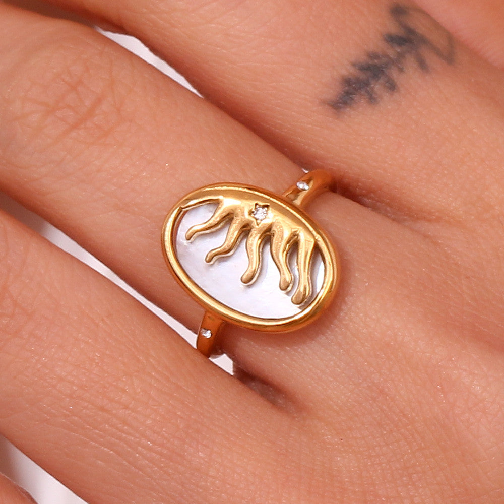  Mother of Pearl Oval Sun 18k Gold Waterproof Boho CZ Natural Shell Ring