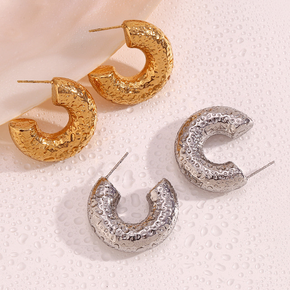 Silver 18k Gold Over Stainless Steel No Tarnish Hollow Hammered Pattern Hoop Earrings