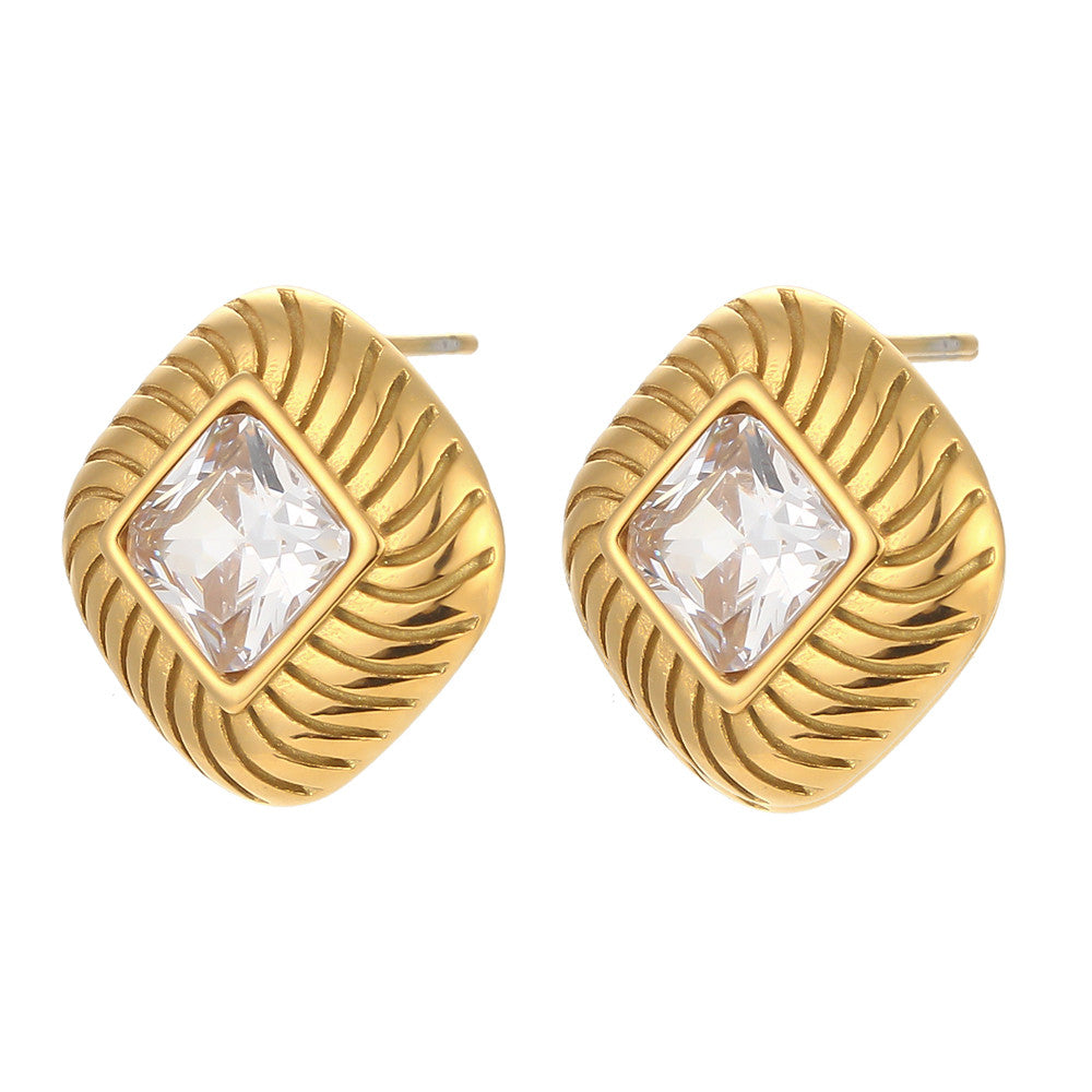 18k Gold Stainless Steel Square Texture Zircon Stone Stud Luxury Bling Earrings