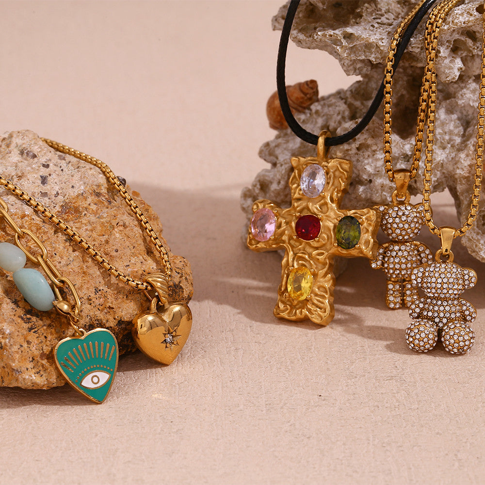 18k Gold Waterproof Teddy Bear All Seeing Eye Pearl Chain Hip Hop Pendants Necklaces