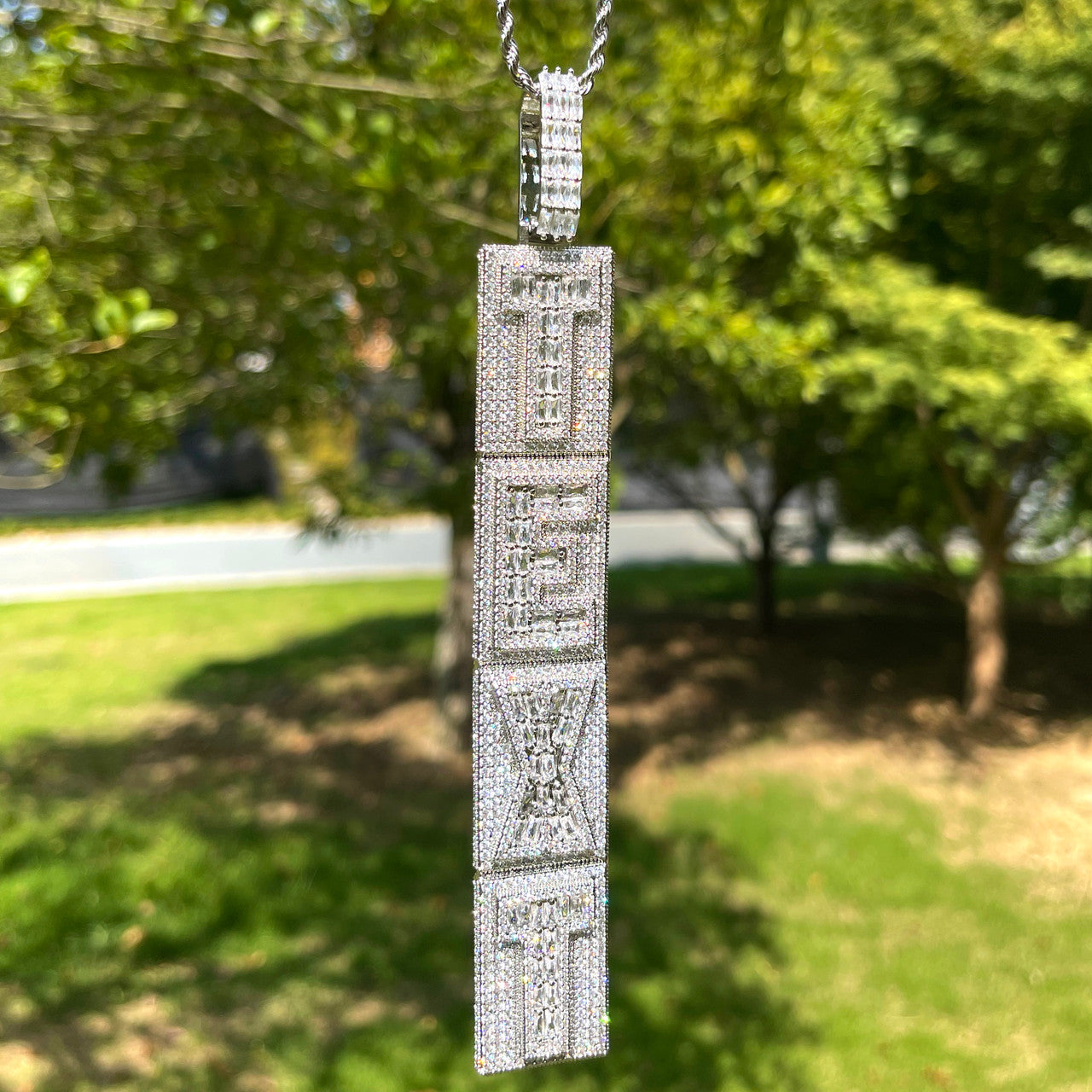 Tower Cascade | Vertical Iced Baguette Custom Made Nameplate Hip Hop Pendant