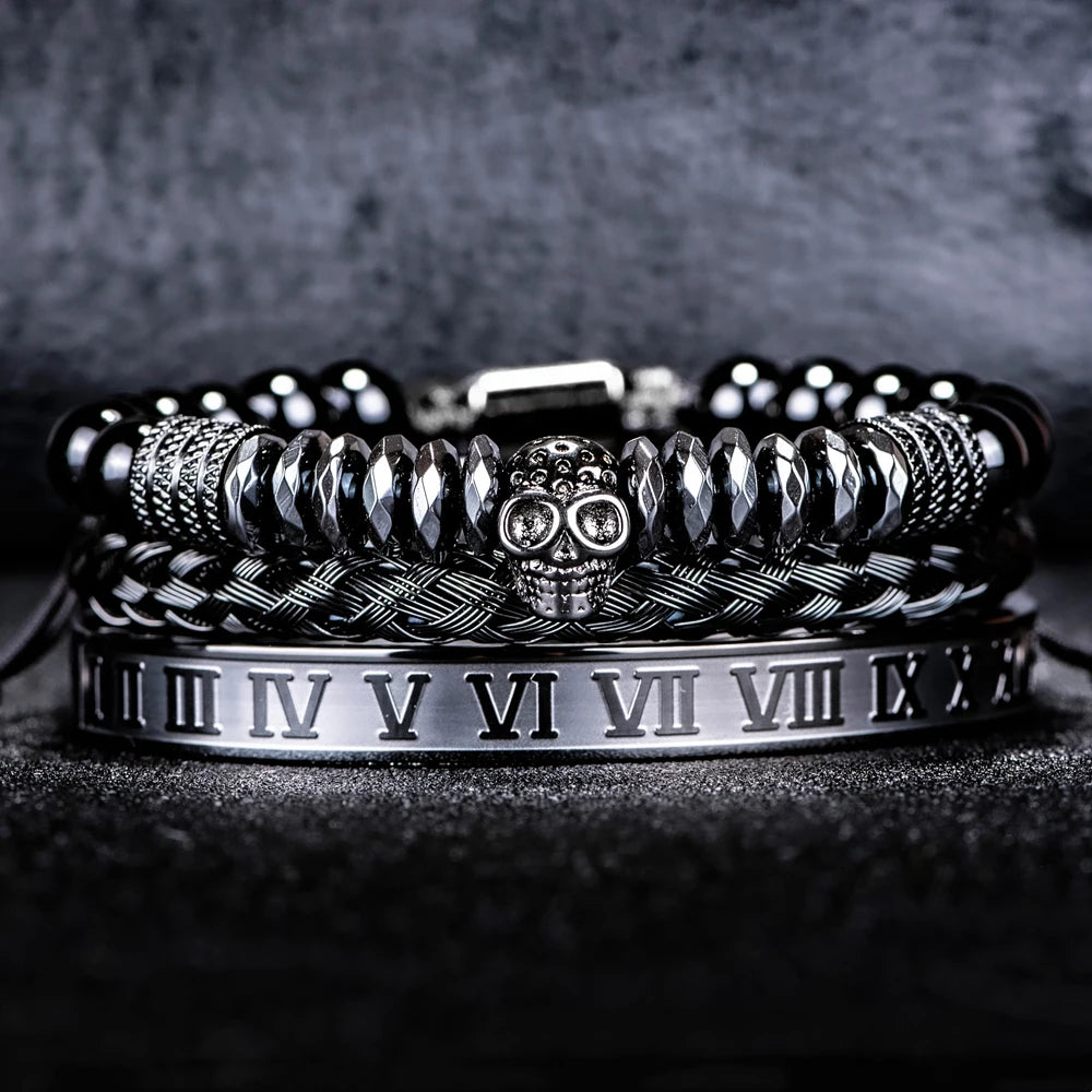 Men's Luxury Hematite Hand Made Bead 3 Piece Skull Head Hip Hop Luxury Bracelet Sets