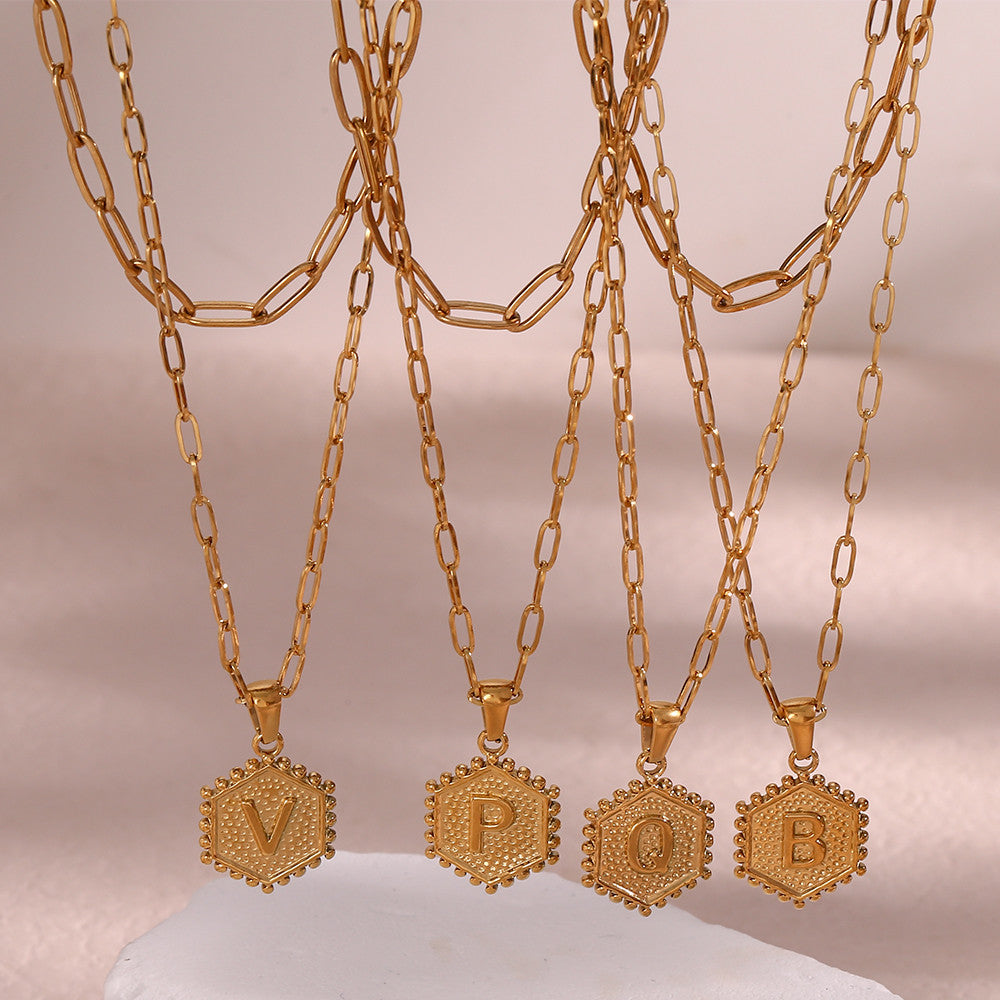 Ladies 18k Gold Hexagonal Shape A-Z Alphabet Letters Hip Hop Chain Pendant Necklaces