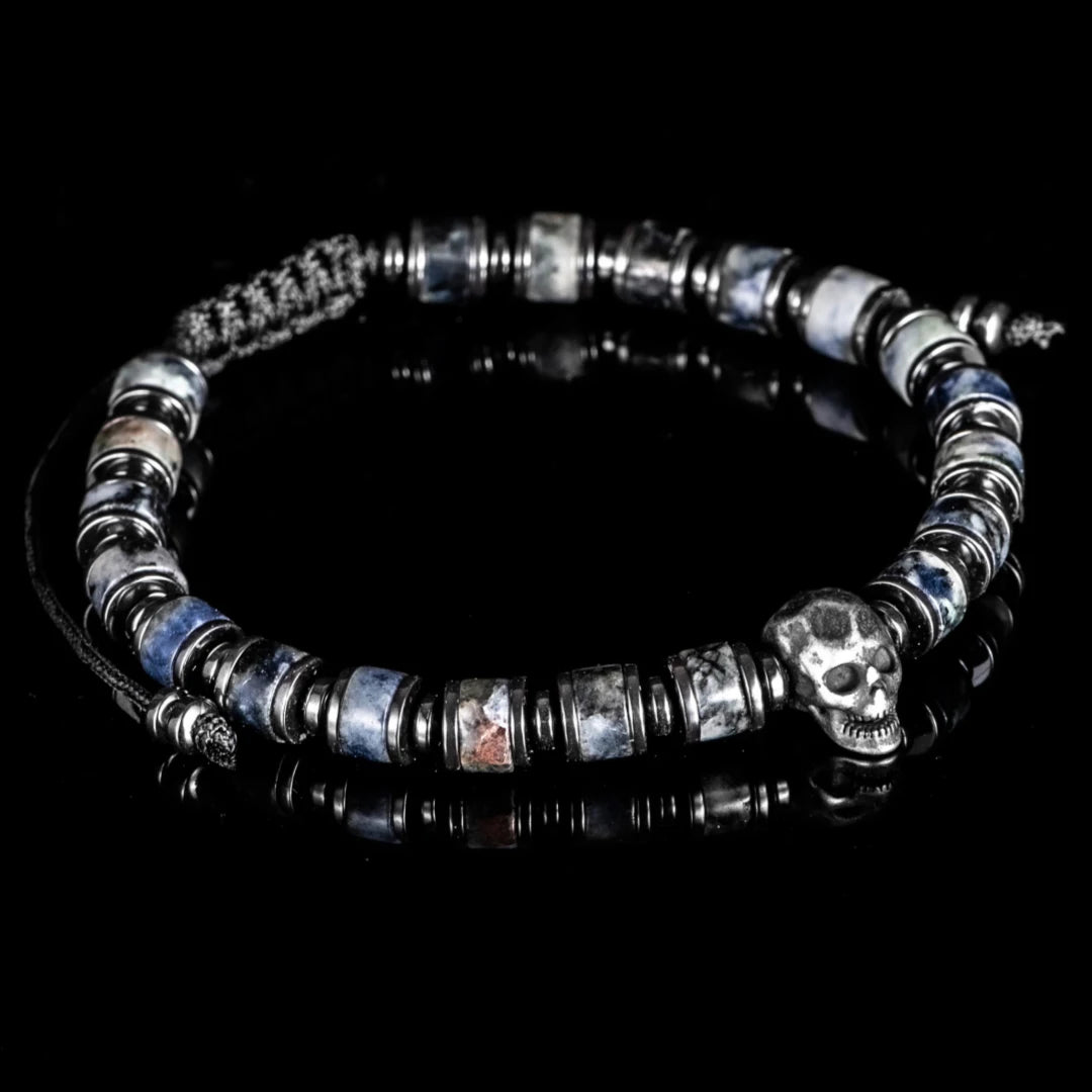 Secret Society II | Men's Natural Stone Beaded No Fade Stainless Steel Skull Bracelet