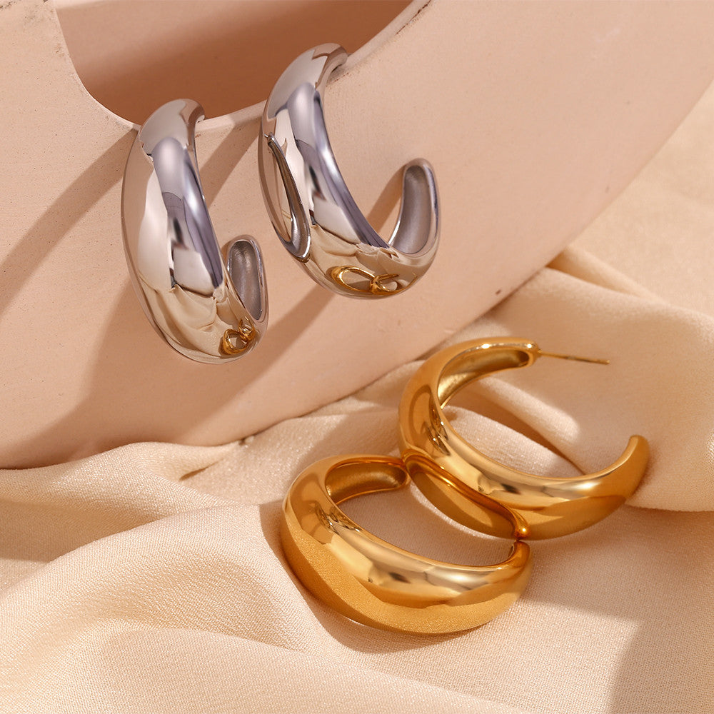 Solid Stainless Steel Silver 18k God Crescent Moon 42mm Large Hoop Earrings