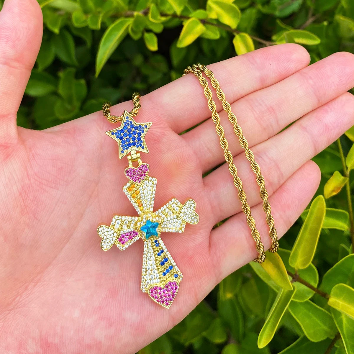 North Star | 5AA+ VVS Diamond CZ North Star Bail Colorful Iced Hip Hop Cross Pendant