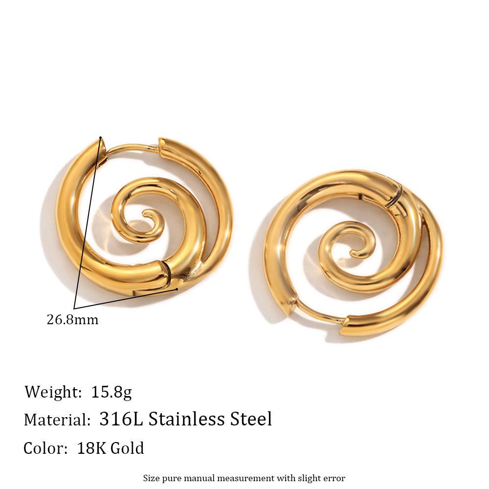 Ladies Spiral 18k Gold Stainless Steel Waterproof Tarnish Free Silver Color Earrings