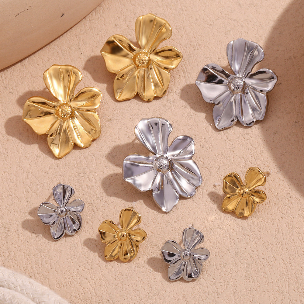 18k Gold No Tarnish Stainless Steel Five Petal Flower Large and Small Earrings