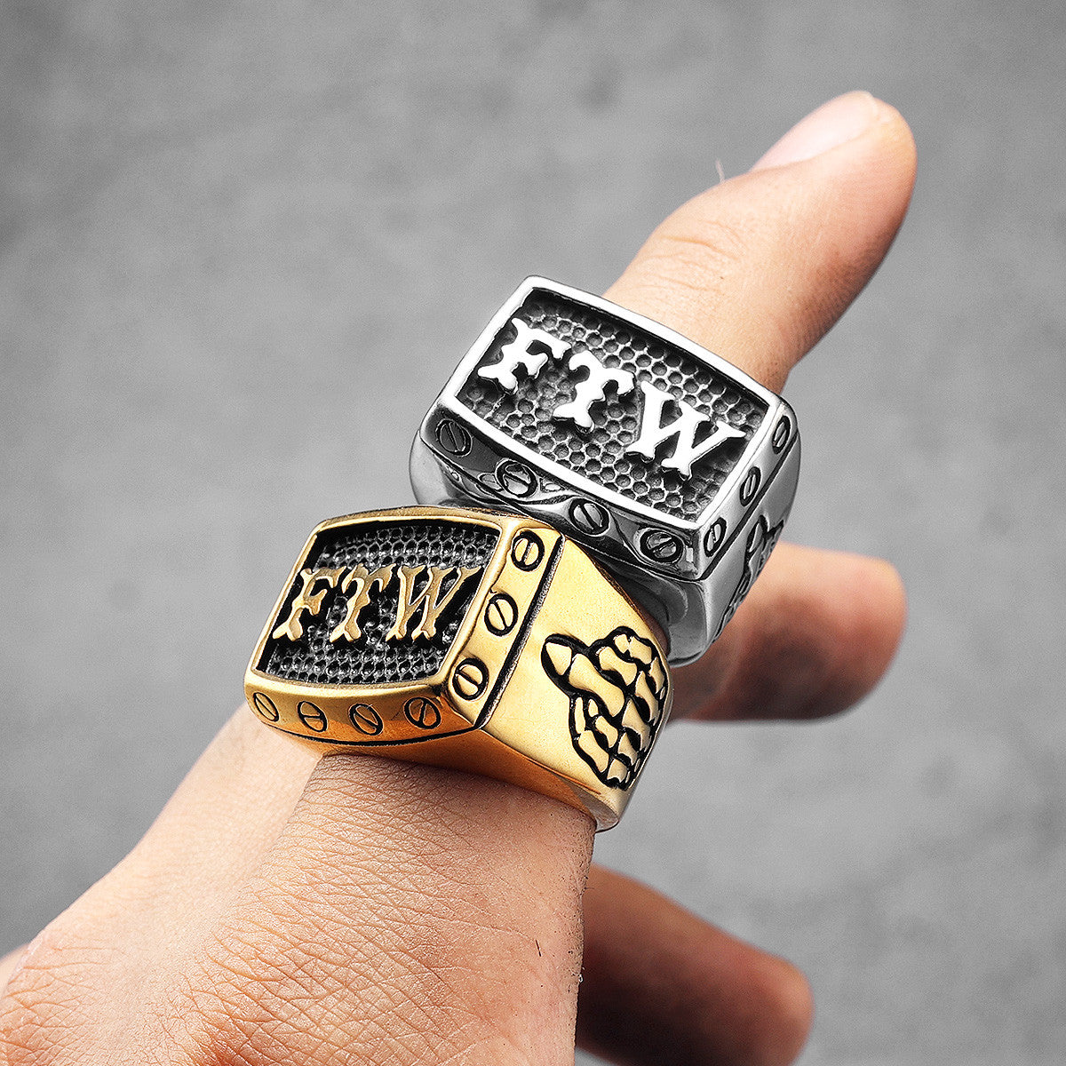 FTW | 14k Gold Black Over No Fade Stainless Steel Middle Finger Hip Hop Rings