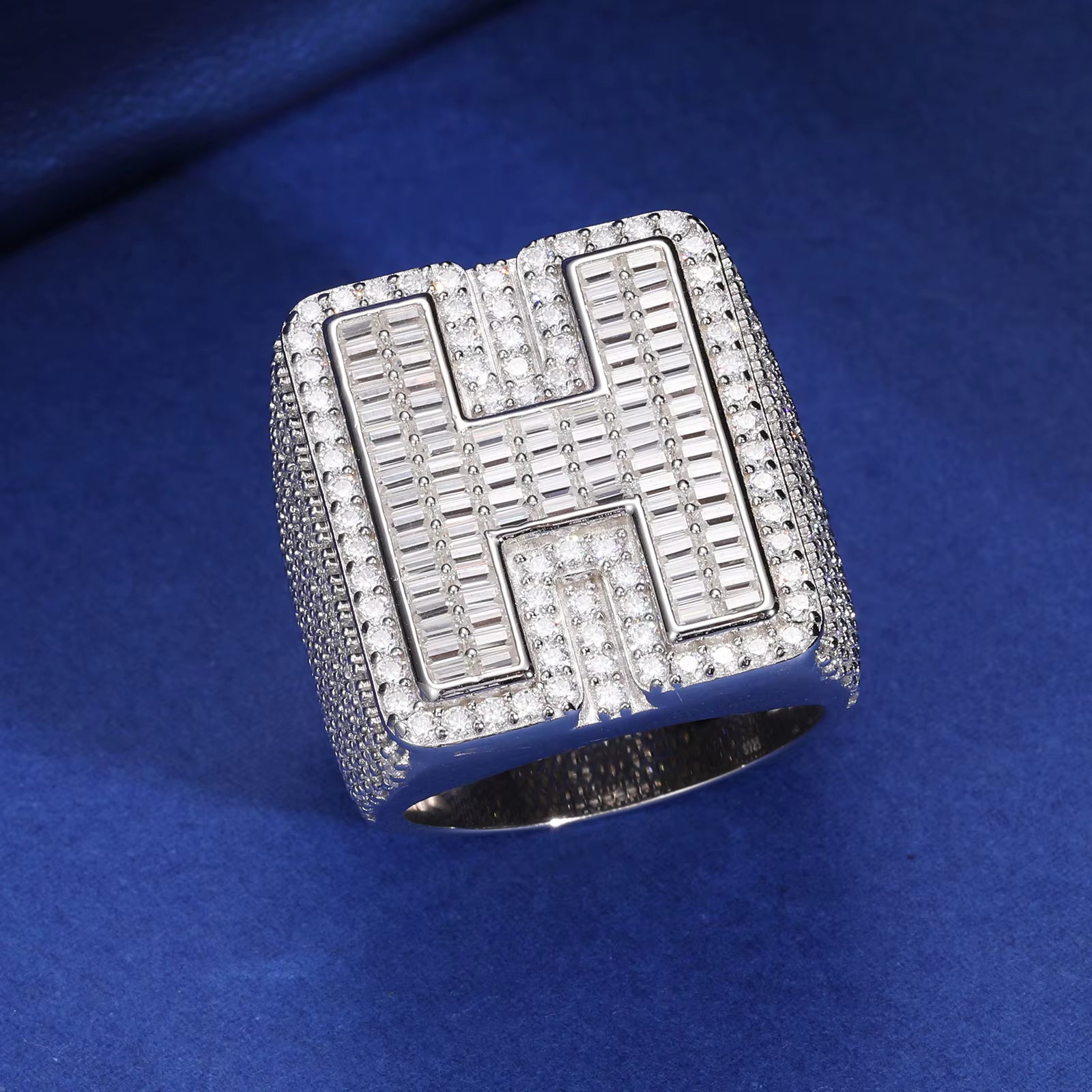 The Alpha II | Moissanite VVS Diamond Baguette Solid 925 Silver Initial Letter Hip Hop Rings