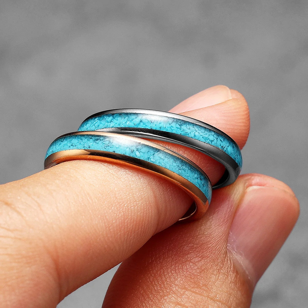 Ocean | 14k Gold Turquoise Tungsten Steel Lovers Couples Rings