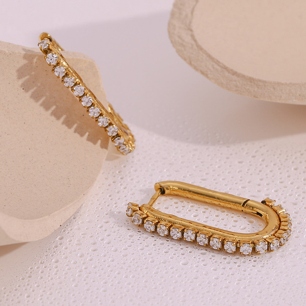18K Gold Waterproof Stainless Steel Clip Shaped Cubic Zirconia Side Paved Hoop Earrings