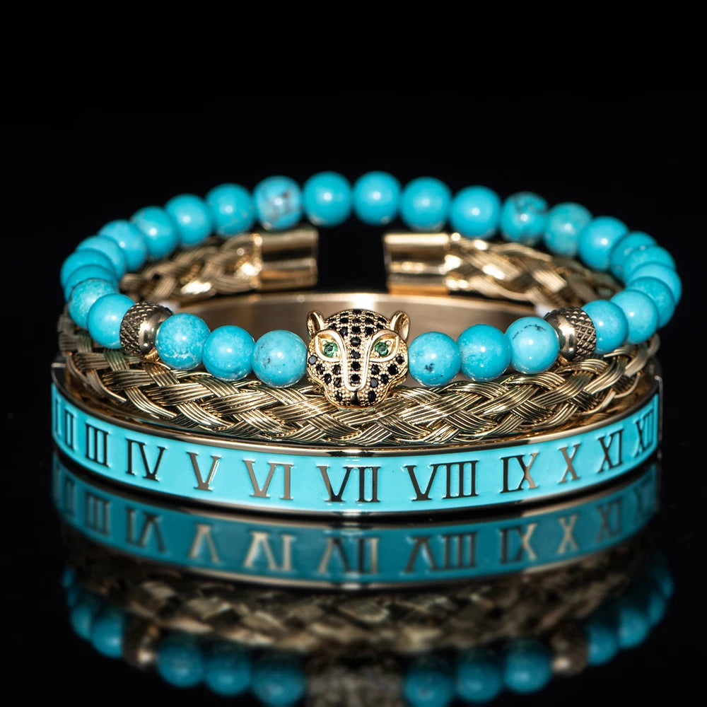 Turquoise Stone | VVS Diamond CZ Roman Numeral Leopard Head Luxury Bracelet
