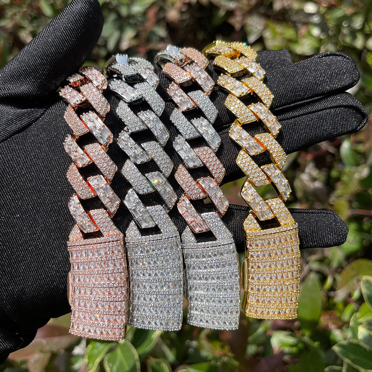 Mens Half Baguette Half Pave Flooded Ice Cuban Link Hip Hop Bracelets