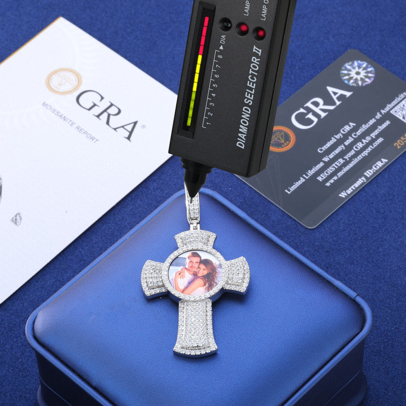 Memory Cross | Moissanite Diamond Solid 925 Silver Custom Photo Cross Iced Pendant