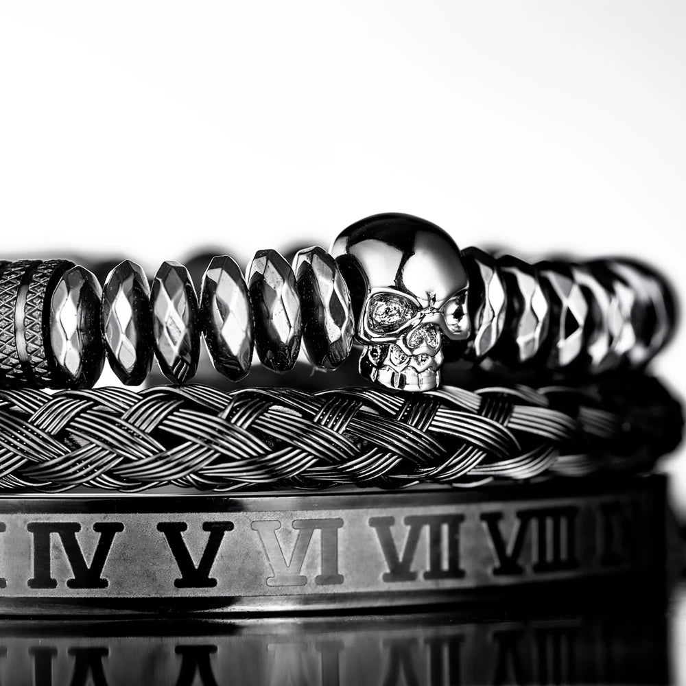 Men's Luxury Hematite Hand Made Bead 3 Piece Skull Head Hip Hop Luxury Bracelet Sets