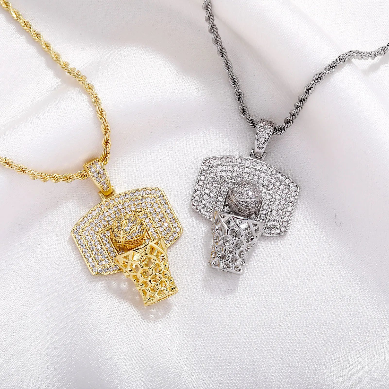 Iced Full Micro Pave Basketball Hoop Backboard Nets Hip Hop Pendant Chain Necklace