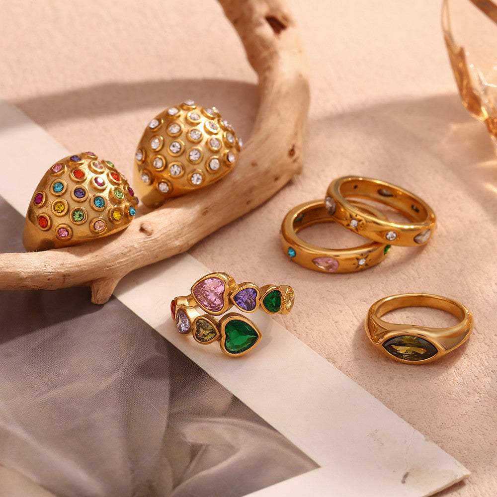 18k Gold Stainless Steel Tear Drop Rectangular Cubic Zircon Bubble Round Rings