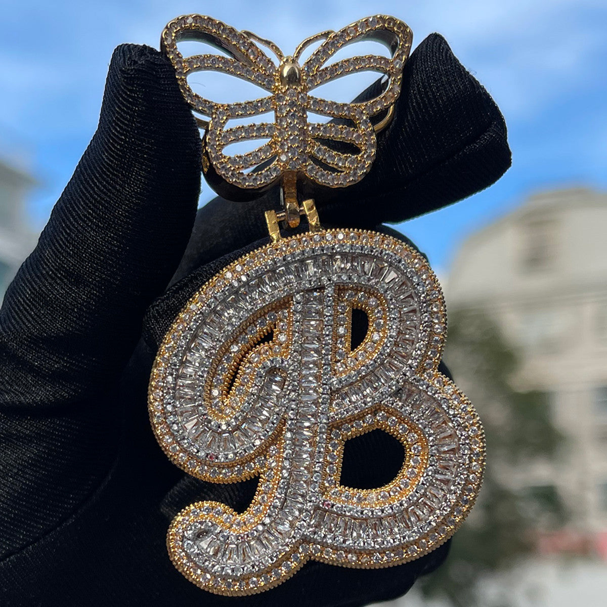 FlutterScript | Ladies Butterfly Bail Custom Cursive Baguette Bling Initial Necklace