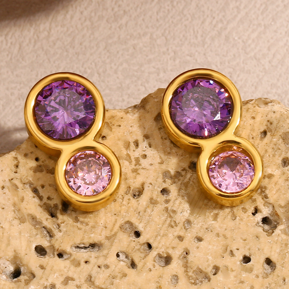 18k Gold Waterproof Stainless Steel Double CIrcle Pink Purple Ziron Stud Earrings