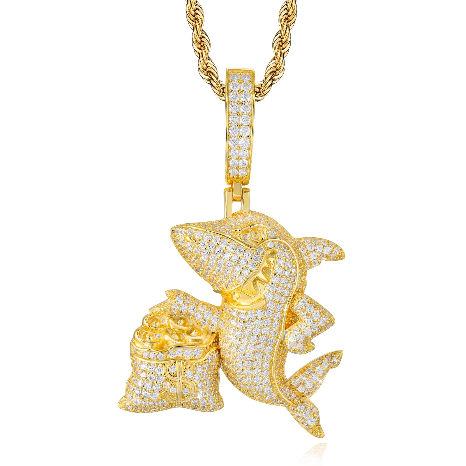 Hustler Shark | 925 Sterling Silver Iced Blinged Out Out Moissanite Shark Money Bag Pendant