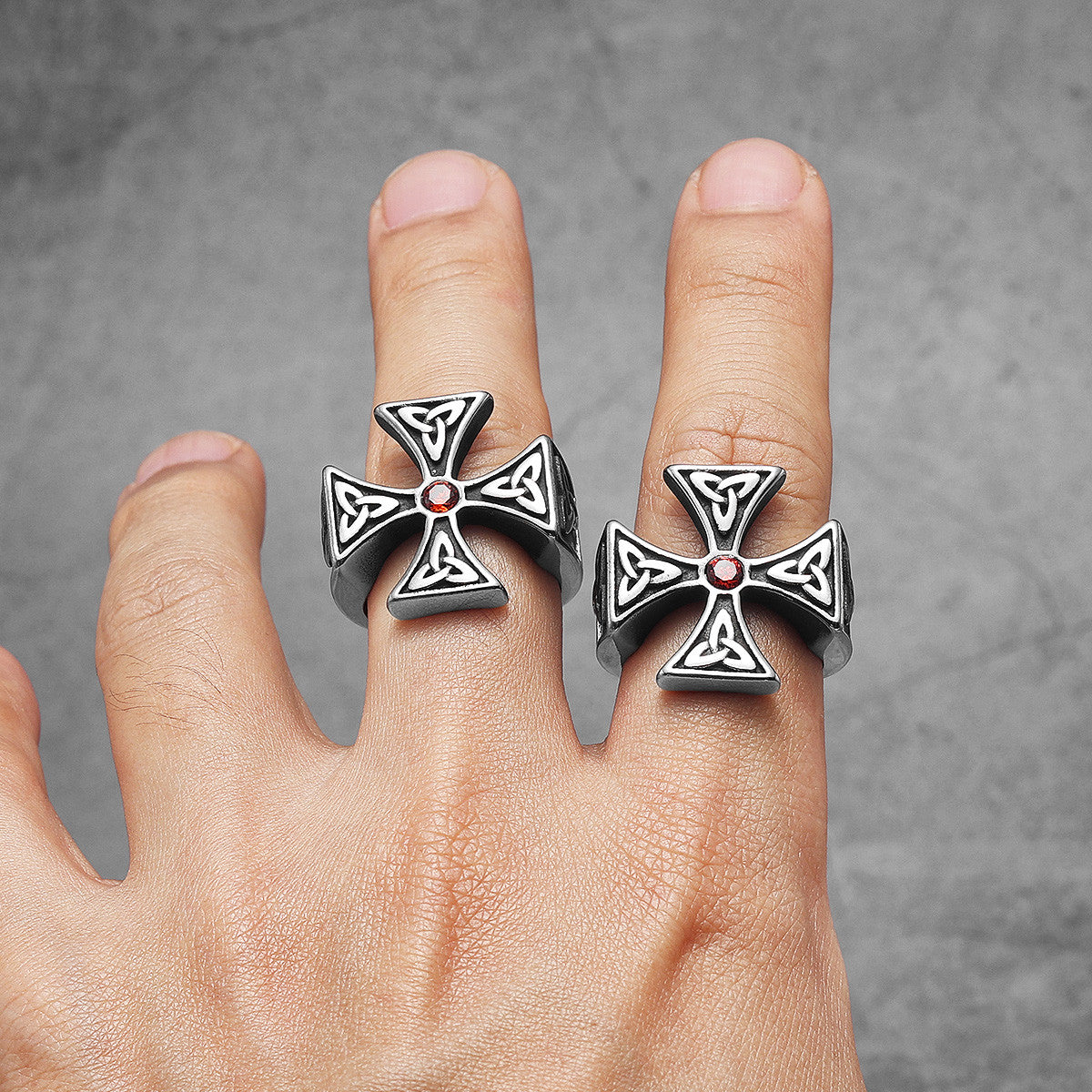 Celtic Knot | No Fade Solid Stainless Steel Biker Cross Red Stone Rings