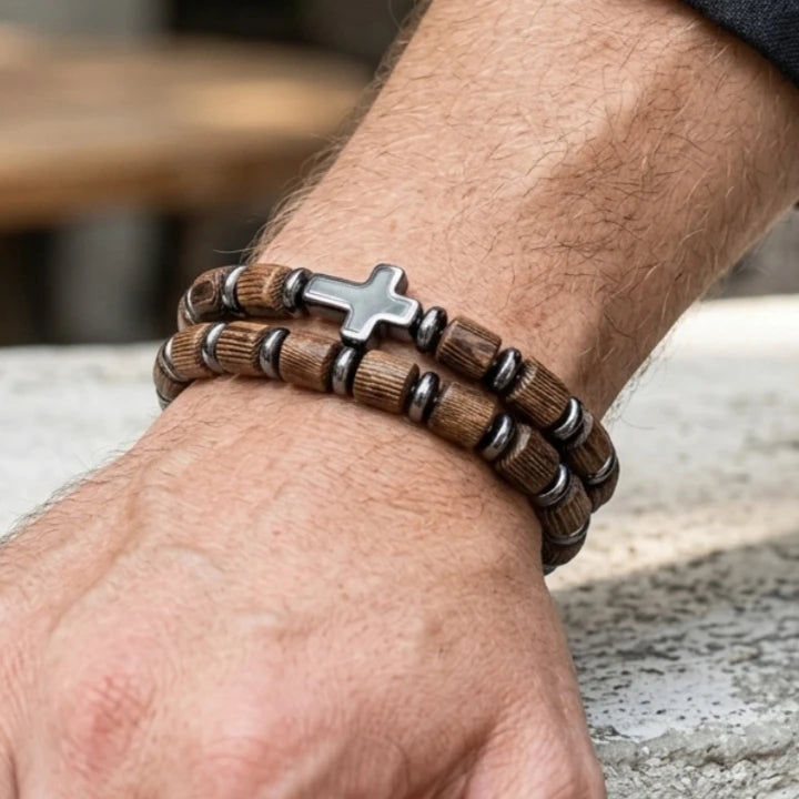 Divine Blessings | Handmade 2 Piece Natural Wooden Gallstone Meditation Cross Bracelet