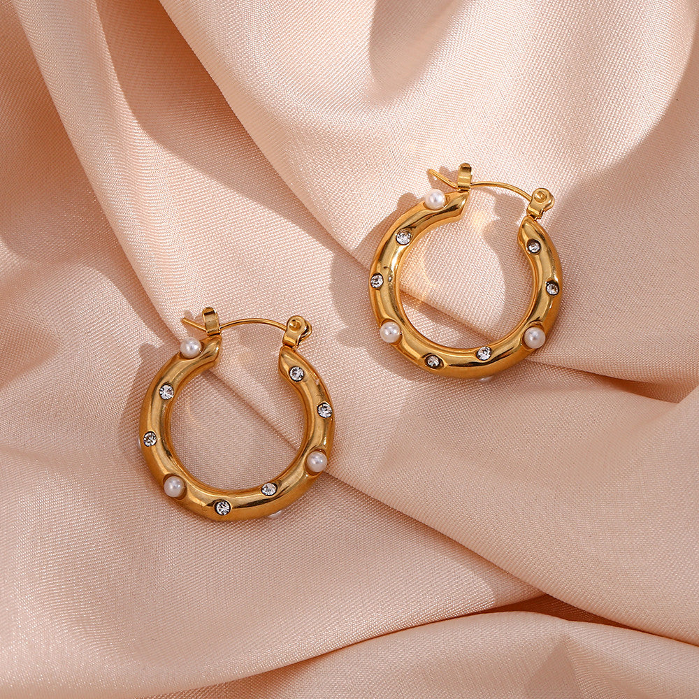 Waterproof 18k Gold  Colorful CZ Stone Pearl Paved Chunky 25MM Medium Size Hoop Earrings