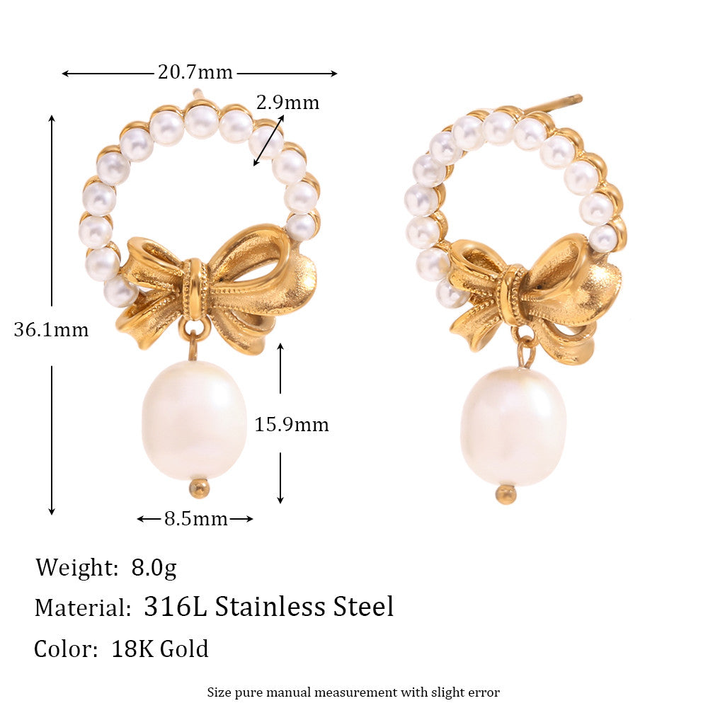 18k Gold Tassel Pearl Bow Waterproof Stainless Steel Earrings Pendant Jewelry Set