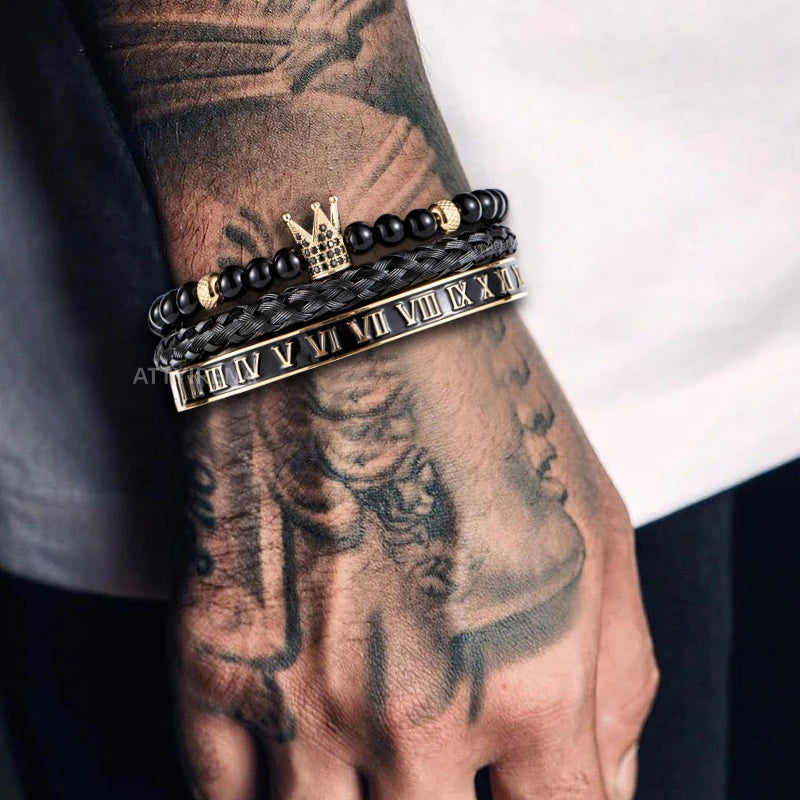 Imperial Force | Luxury Kings Crown 18k Gold Black Stainless Steel Bracelet 3 Piece Set