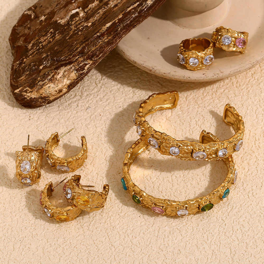18k Gold Waterproof Irregular Colorful CZ Stainless Steel Bracelet Earring Ring Jewelry Set