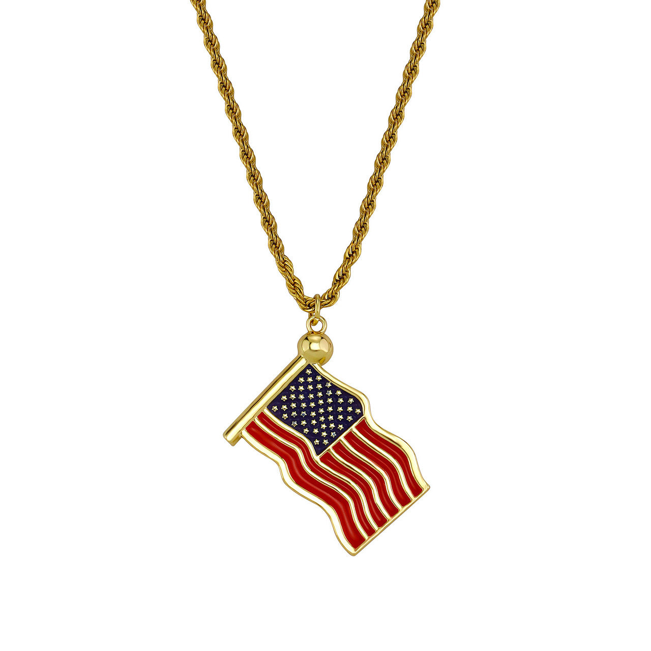 God Bless America | Red Oil American Flag 14k Gold 925 Silver Pendant Chain Necklace