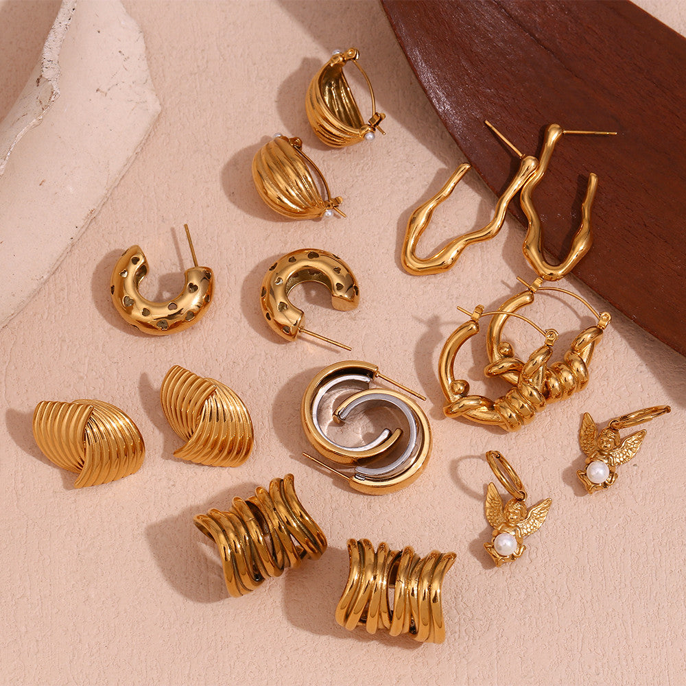 18k Gold Wrap Classic Circular Wave V-shaped Multi Layer Stainless Steel Earrings