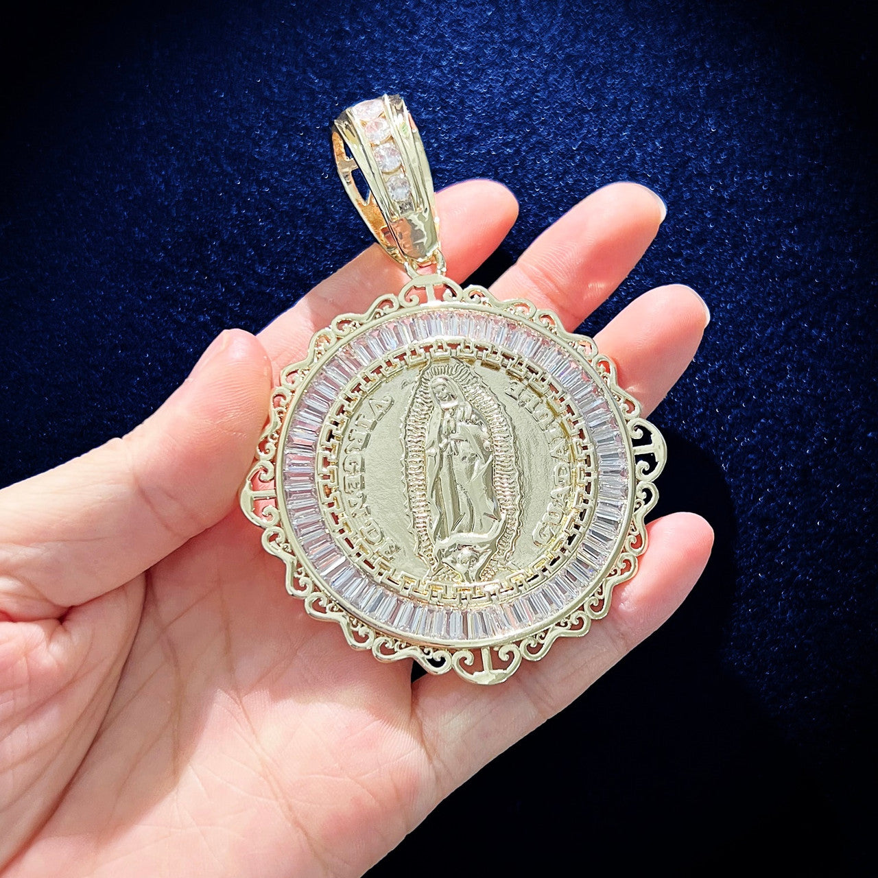 Mens Jesus Shepard Our Lady of Guadalupe Baguette Ice Spititual Hip hop Pendant Necklace
