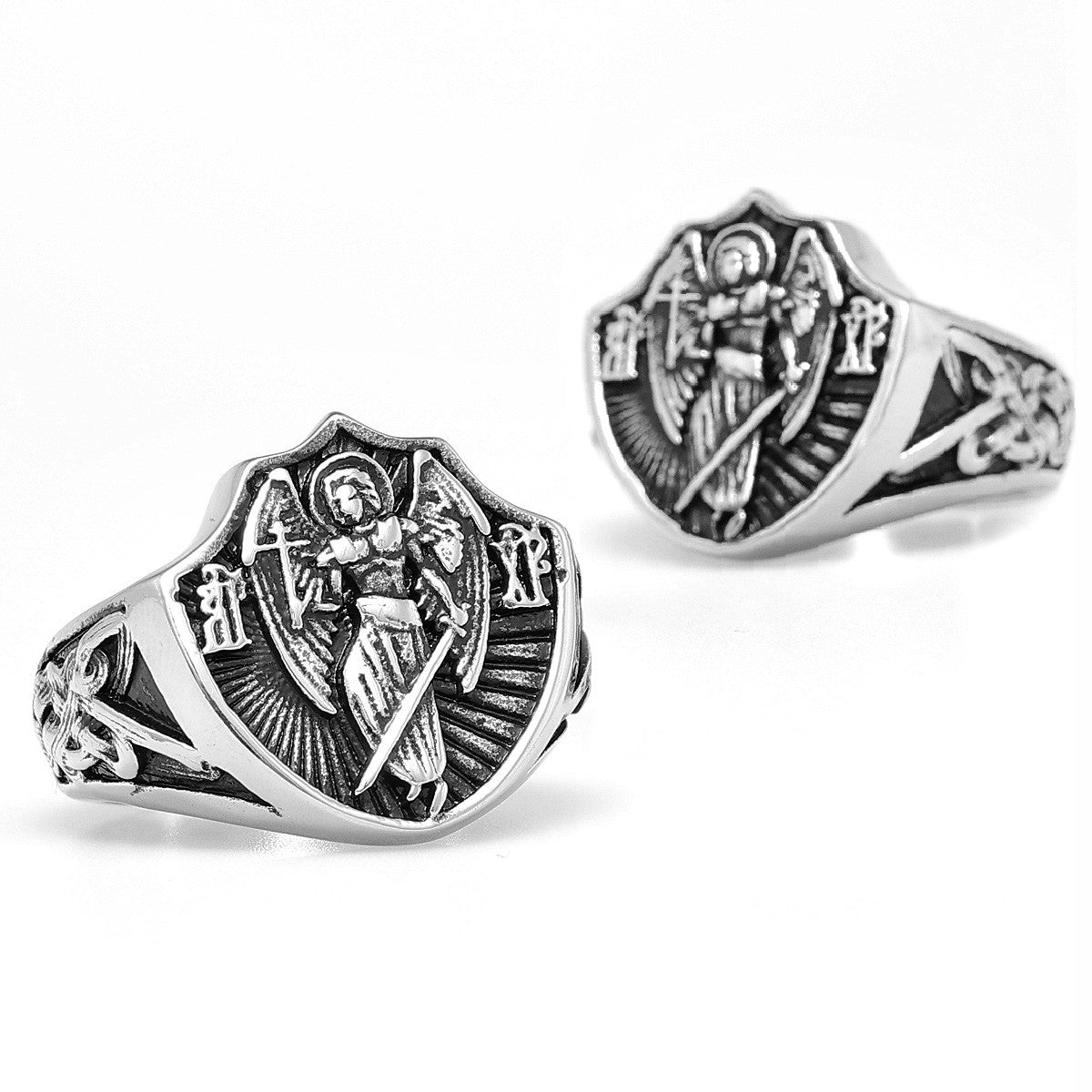 Mens Detailed 316L Stainless Steel Archangel St Michael Amulet Shield Street Wear Rings