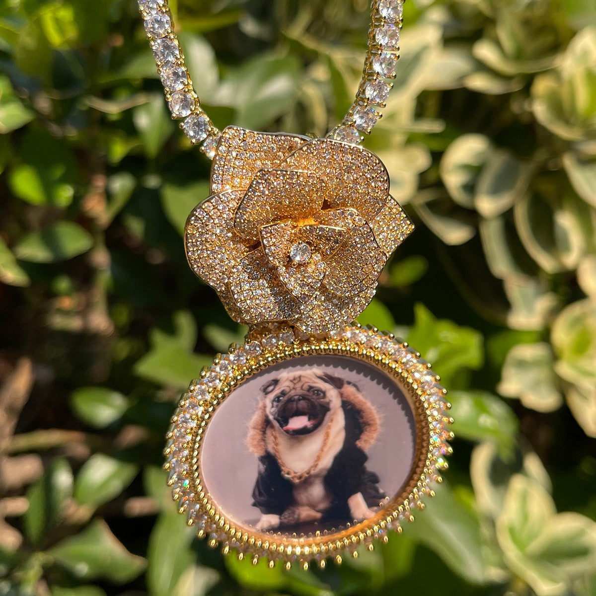 Custom Made Rose Heart Bail Prong Set Stone Photo Picture Pendant Chain Necklace