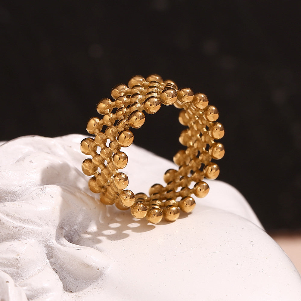 18k Gold Waterproof Small Ball Mesh Faced Stainless Steel Ring
