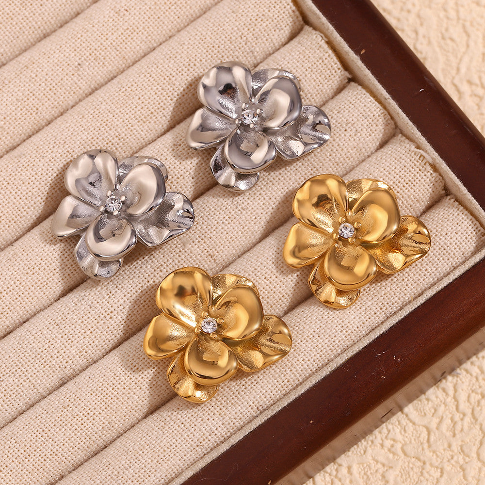 Stainless Steel Retro Flower Double Layer 18k Gold Silver Waterproof Earrings