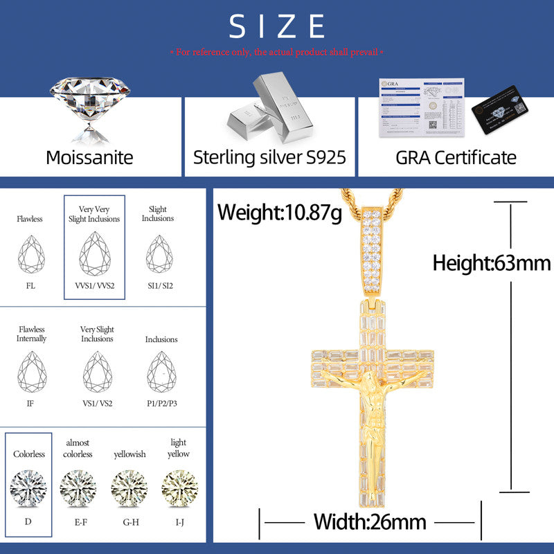 Luxury Cross | DVVS Baguette Moissanite Diamond Sterling Silver Hip Hop Jesus Piece