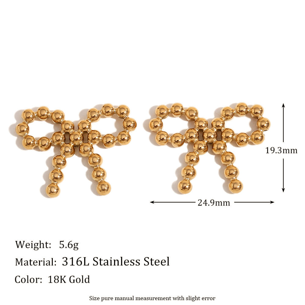 The Prize | 18k Gold Stainless Steel Waterproof Elegant Tiny Round Beads Bowknot Stud Earrings