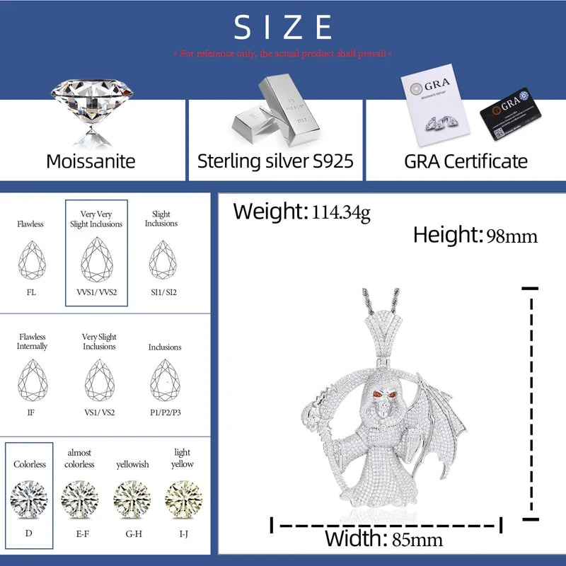 Middle Finger Reaper | Moissanite Diamond 925 Silver Hip Hop One Wing Scythe Grim Reaper Pendant