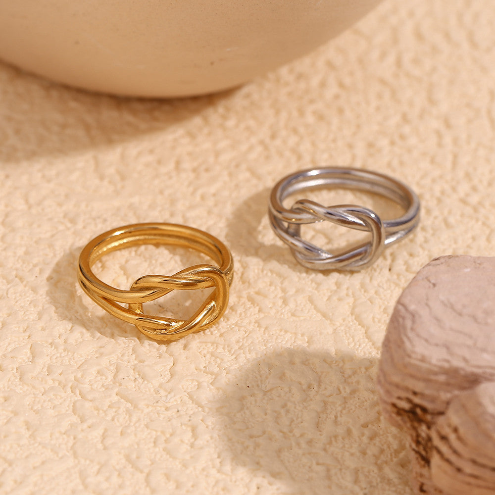 Ladie's 18k Gold Silver Waterproof Simple Knot Double Layered Couple Rings