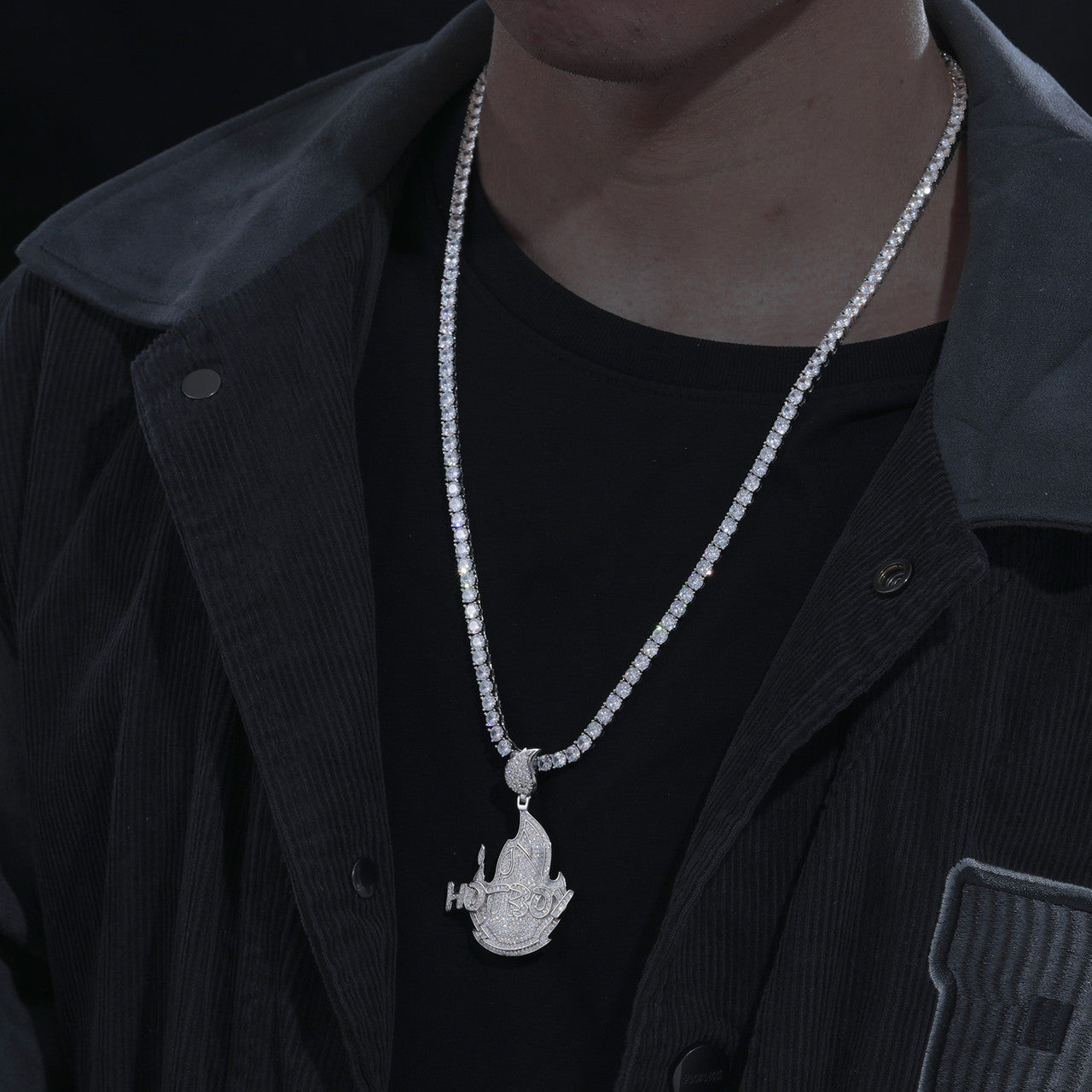 Hot Boy | Mens 925 Sterling Silver Moissanite Diamond Fire Flame Hip Hop Pendant Chain