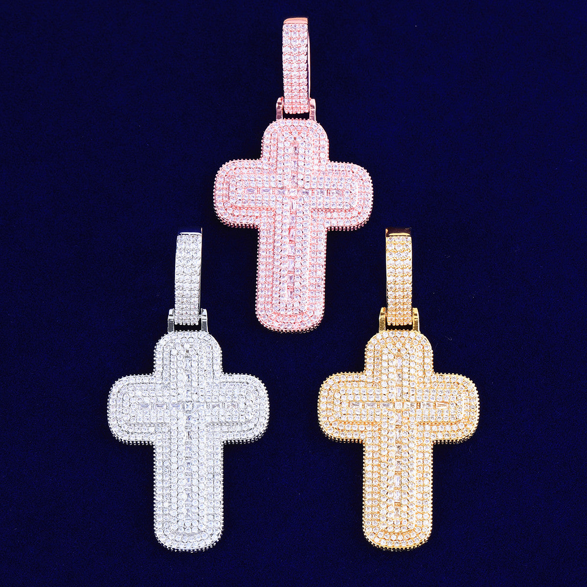 Two Layer Cross | VVS Diamond CZ Stone 24k 925 Silver Rose Gold Iced Baguette Cross Pendant