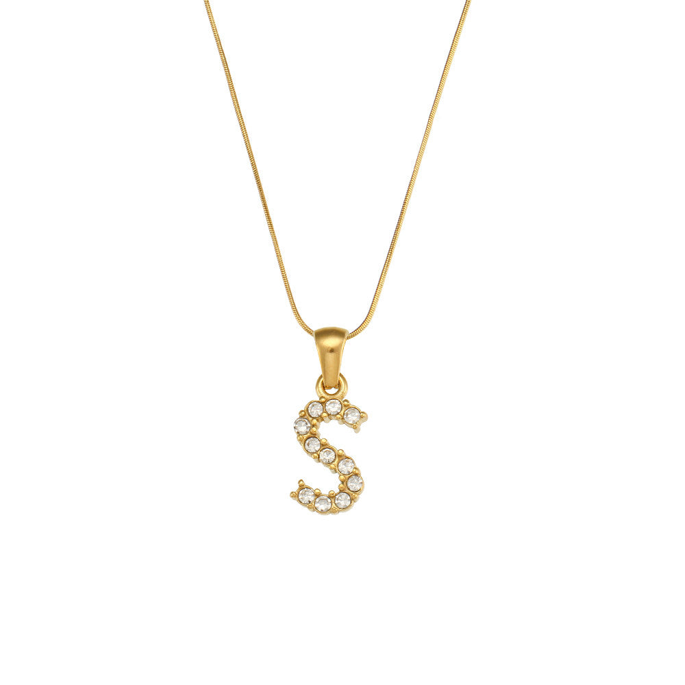 18k Gold Stainless Steel Thin Snake Chain 3A Zircon Stone Paved Initial Necklace