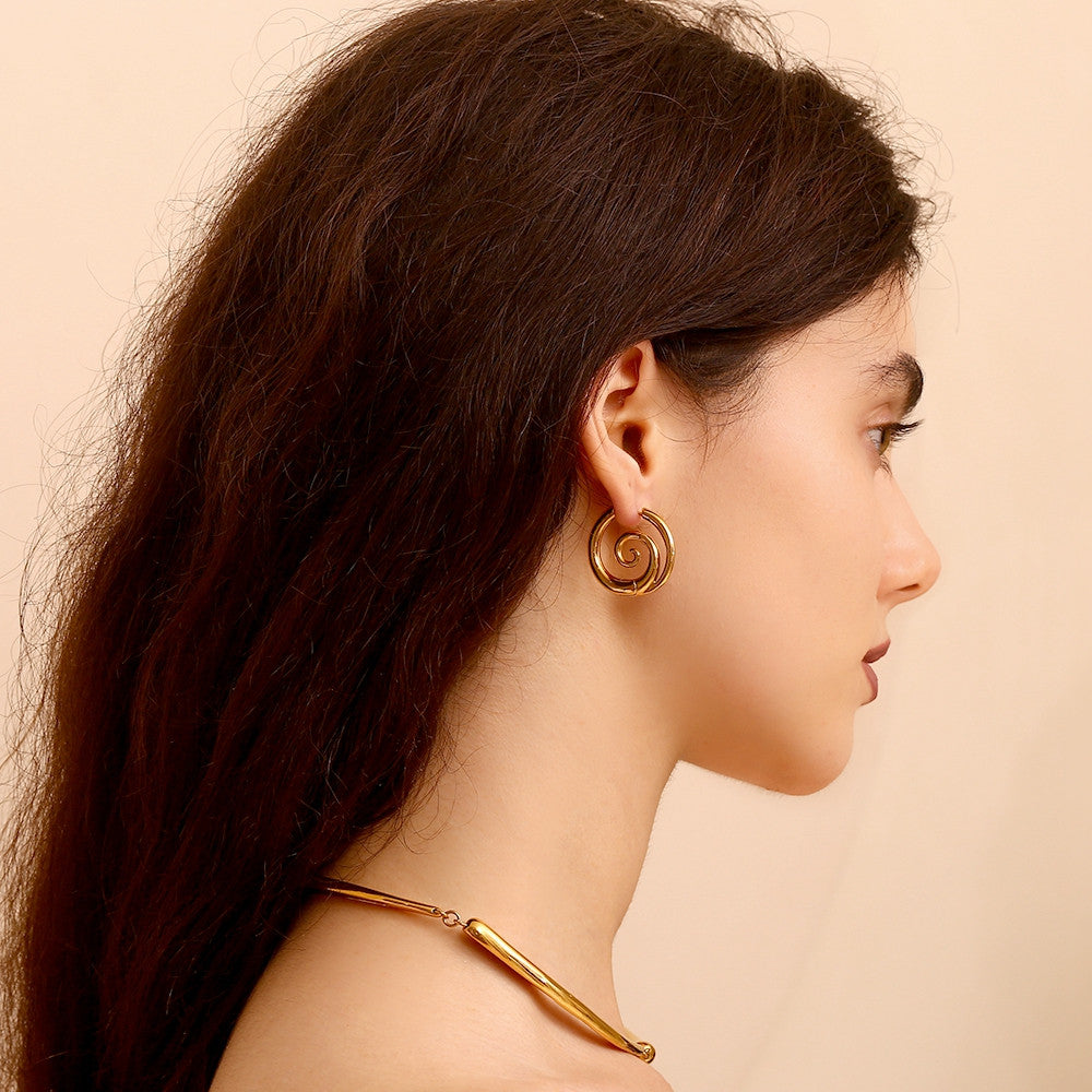 Ladies Spiral 18k Gold Stainless Steel Waterproof Tarnish Free Silver Color Earrings