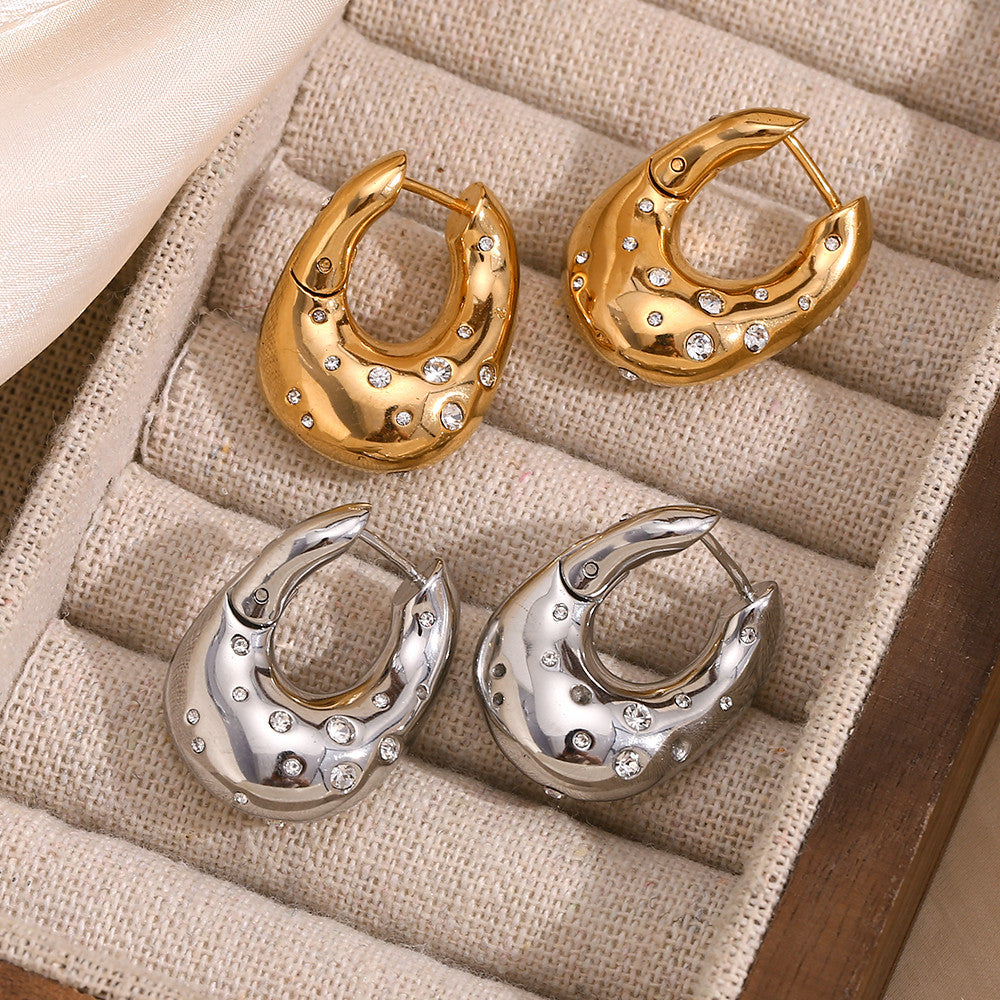 Ladies Waterproof 18k Gold Irregular Twisted Rhinestone Starry Stainless Steel Earrings