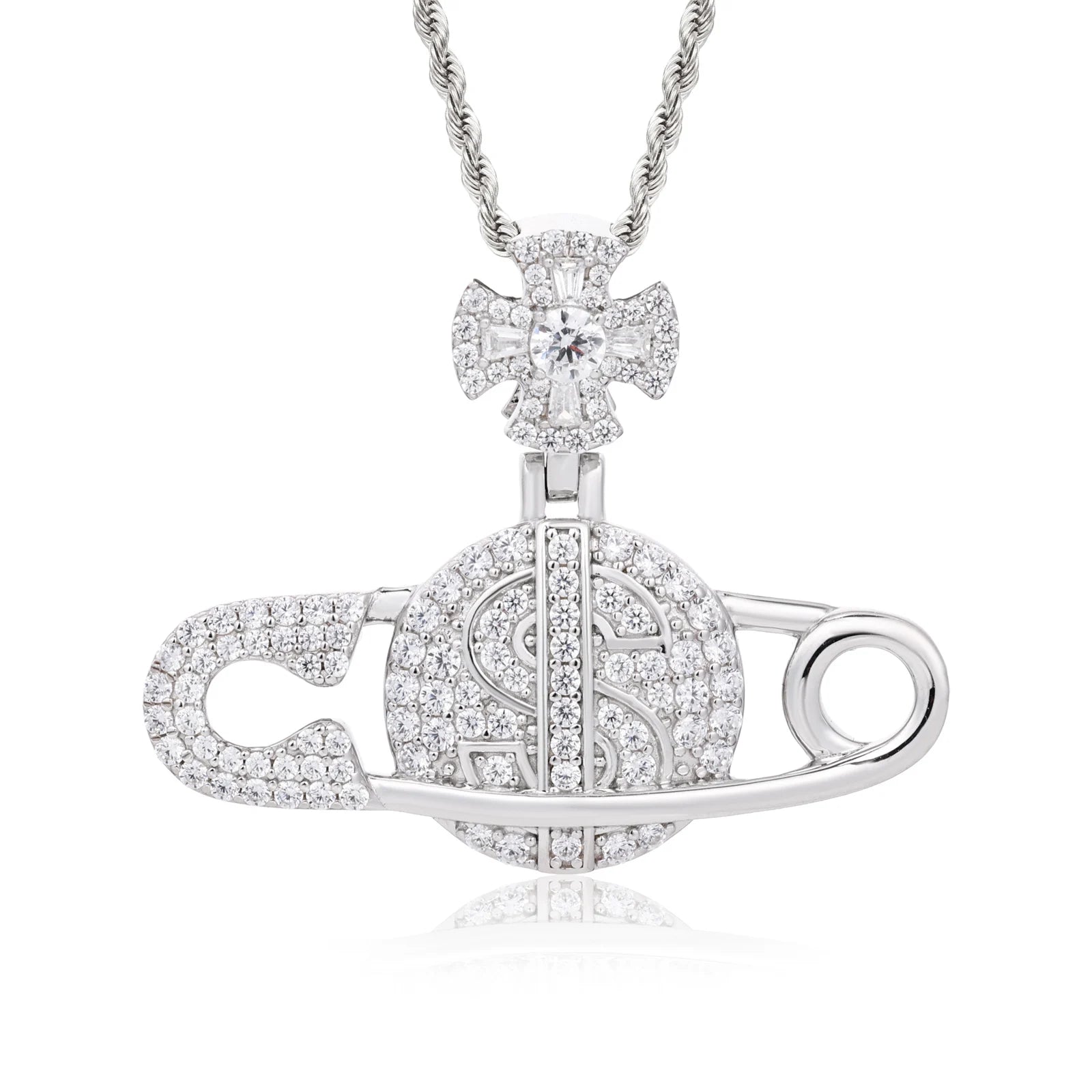 Secure The Bag ll | Iced Blinged Out Moissanite Diamond Safety Pin Money Bag Cross Pendant