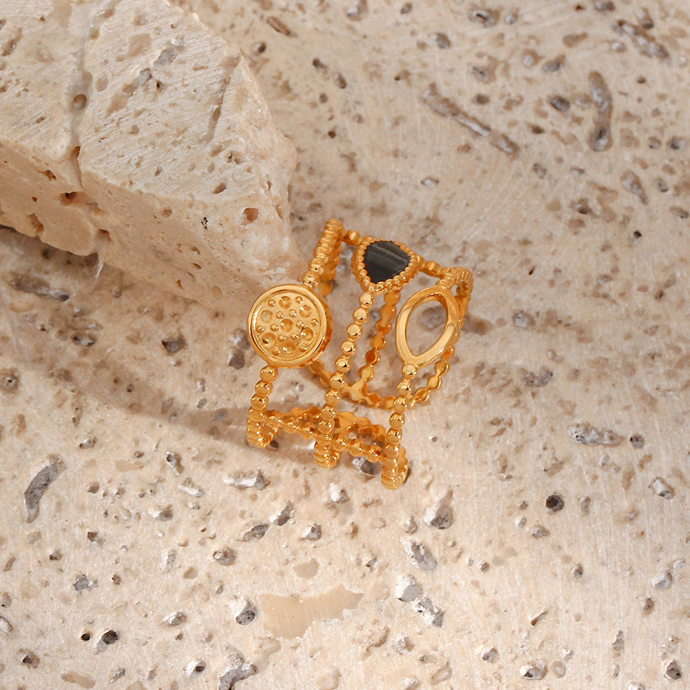 Enamel Black | 18k Gold over No Fade Stainless Steel Hollow Adjustable Rings